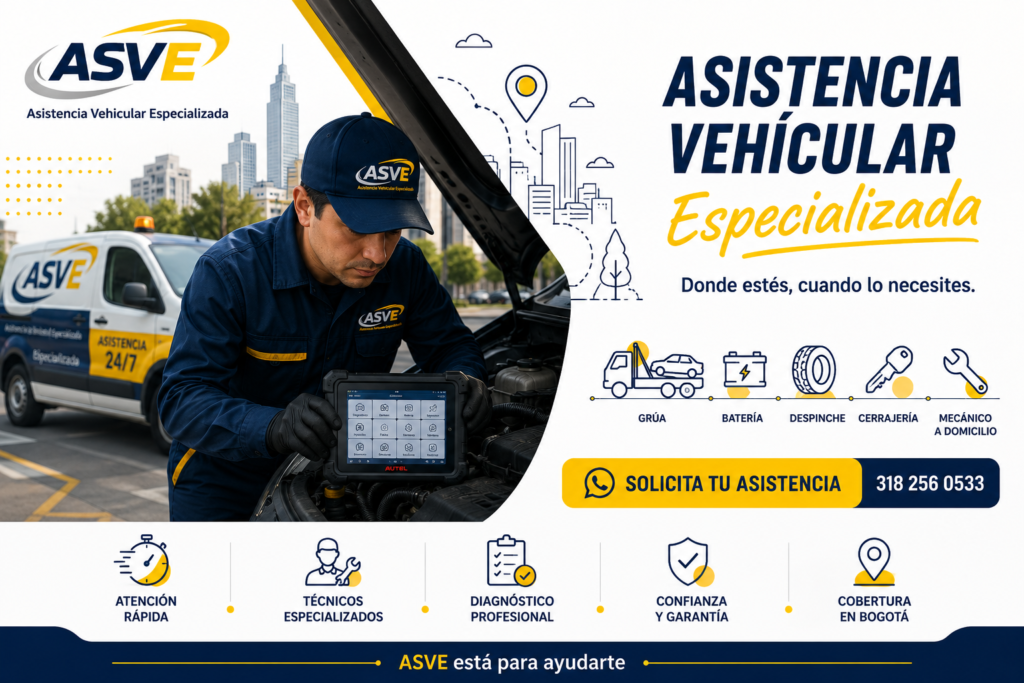 Asistencia vehicular especializada ASVE con mecánico atendiendo un vehículo en Bogotá
