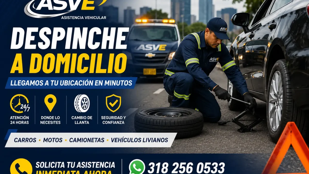 Técnico de asistencia vehicular realizando cambio de llanta a domicilio en vehículo varado con servicio de despinche ASVE en Bogotá