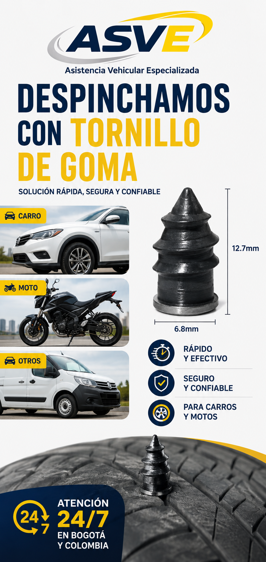 Despinche con tornillo de goma para carro y moto en Bogotá | ASVE