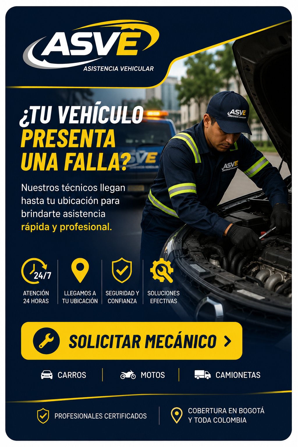 Mecánico a domicilio en Bogotá realizando diagnóstico profesional de un vehículo | ASVE