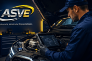 Diagnóstico electrónico automotriz con escáner | ASVE Asistencia Vehicular Especializada Técnico mecánico realizando un diagnóstico electrónico con escáner profesional a un vehículo moderno en un taller, imagen corporativa de ASVE Asistencia Vehicular Especializada.