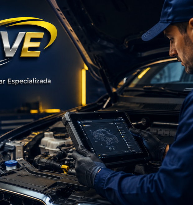 Técnico mecánico realizando un diagnóstico electrónico con escáner profesional a un vehículo moderno en un taller, imagen corporativa de ASVE Asistencia Vehicular Especializada.