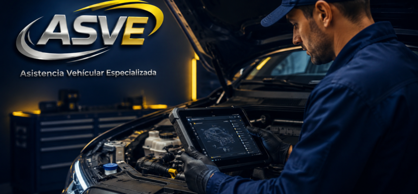 Técnico mecánico realizando un diagnóstico electrónico con escáner profesional a un vehículo moderno en un taller, imagen corporativa de ASVE Asistencia Vehicular Especializada.