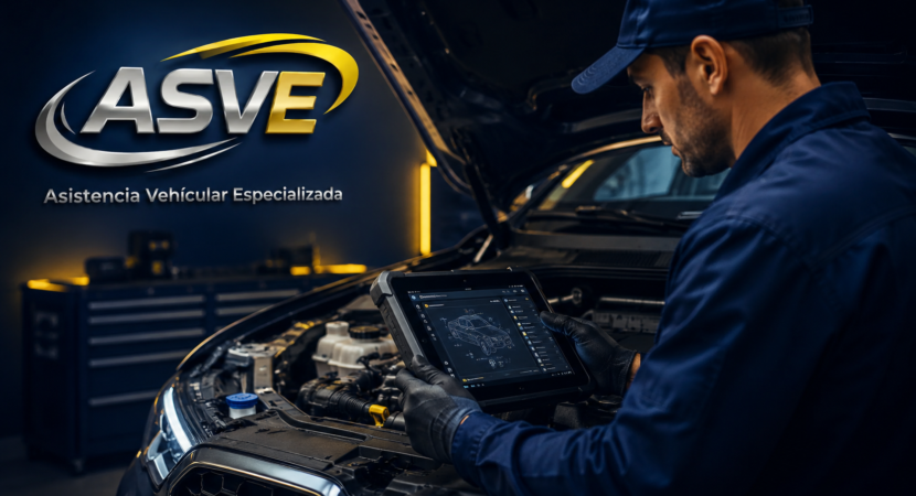 Técnico mecánico realizando un diagnóstico electrónico con escáner profesional a un vehículo moderno en un taller, imagen corporativa de ASVE Asistencia Vehicular Especializada.