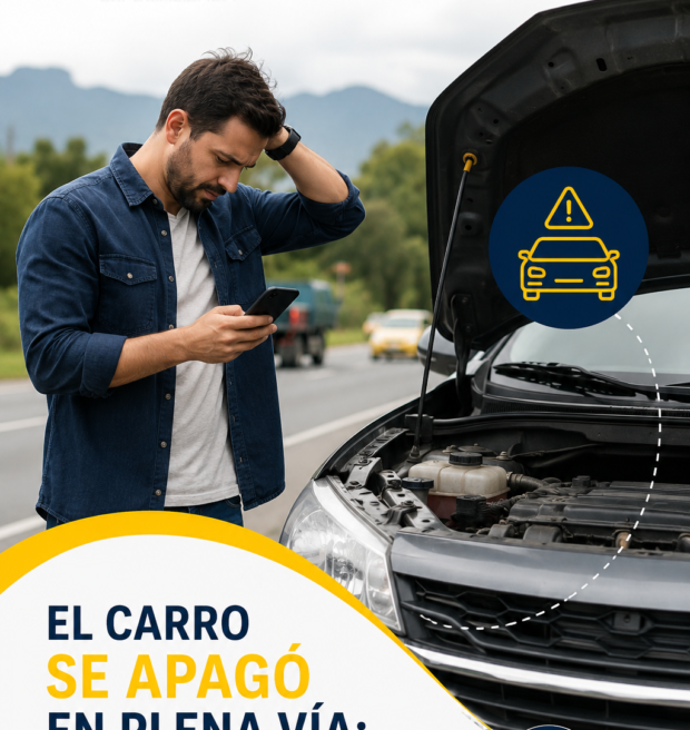 Carro detenido en carretera con el capó abierto y conductor revisando el vehículo