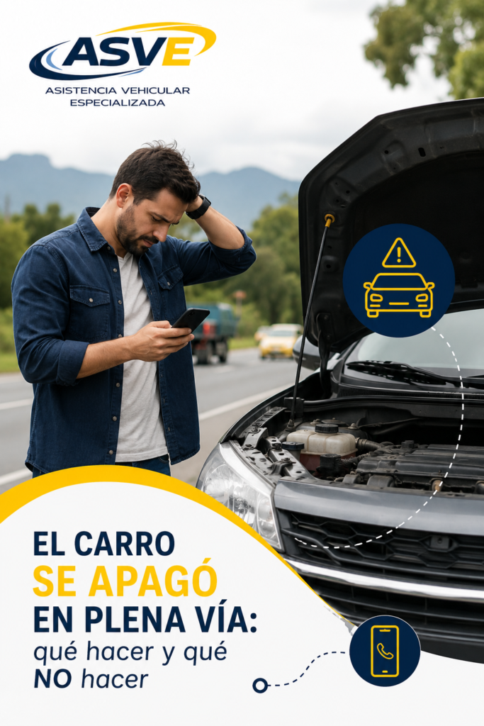 Carro detenido en carretera con el capó abierto y conductor revisando el vehículo